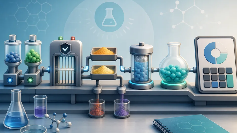 Chemistry yield bench with reactant modules, limiting reagent gate, theoretical yield trays, loss channels, purity filter, and calculator board