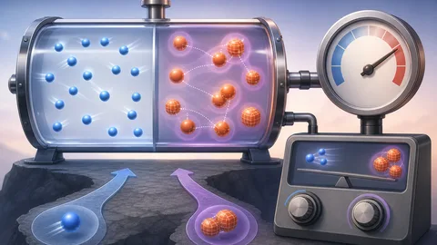 Transparent gas chamber split into ideal and real gas zones with attraction fields, particle volume blocks, pressure gauge, and calculator