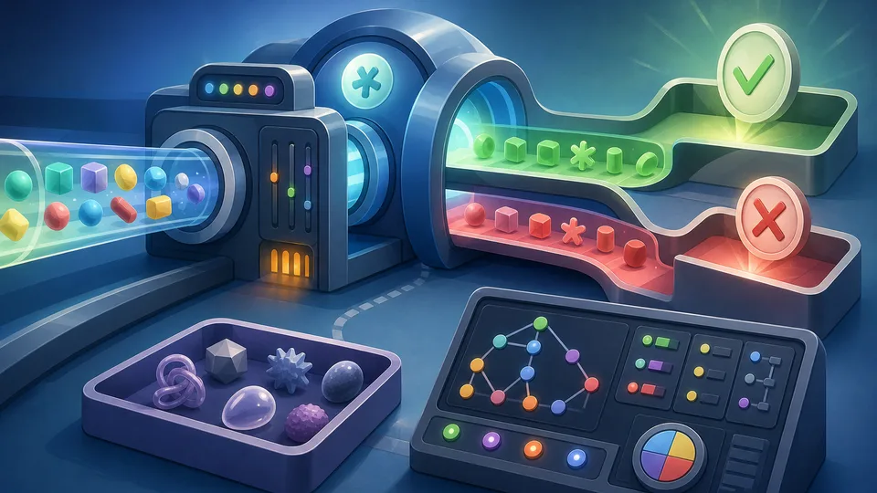 Regex testing illustration with abstract character tokens moving through a rule tunnel, match and non-match paths, edge-case tray, control rings, and calculator board
