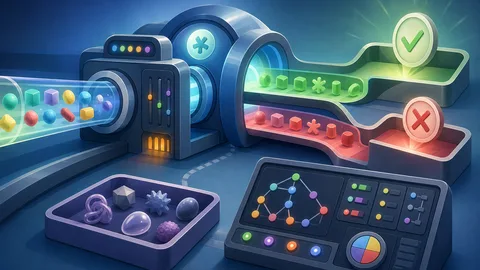 Regex testing illustration with abstract character tokens moving through a rule tunnel, match and non-match paths, edge-case tray, control rings, and calculator board