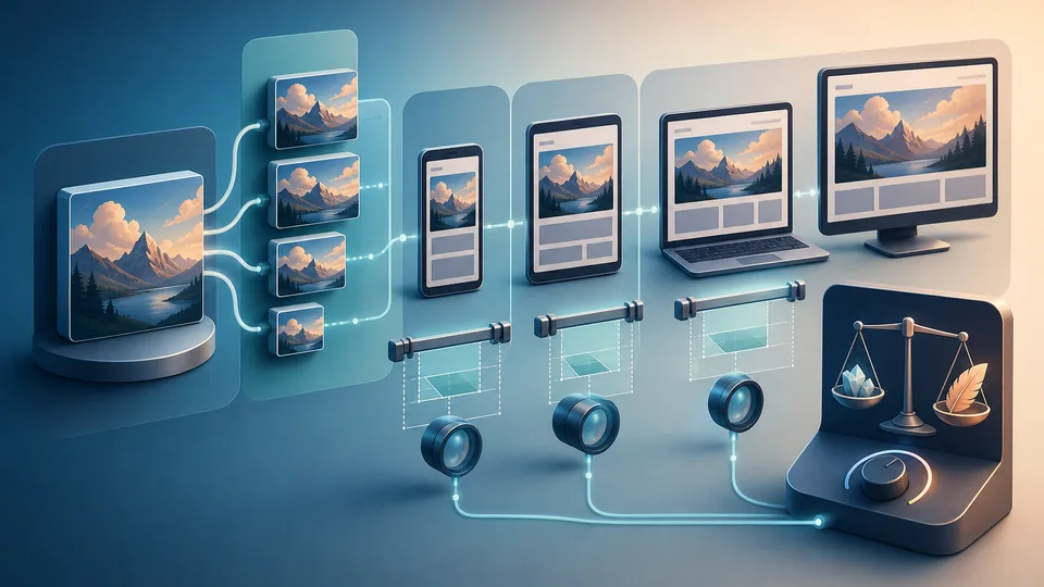 Responsive image srcset planning illustration with source image candidates, device layout frames, slot-size rails, DPR markers, delivery-weight balance, and calculator board