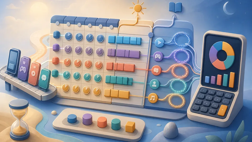 Screen time planning illustration with device tokens, session counters, minute blocks, category lanes, passive scroll loops, work-study separators, and calculator board
