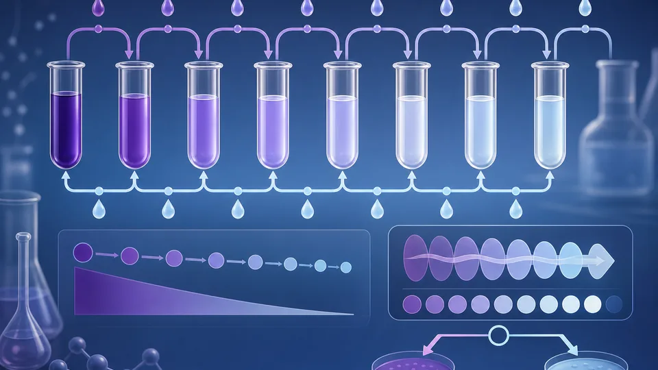 Row of connected sample vessels with fading solution colour and cumulative dilution calculator panel