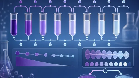 Row of connected sample vessels with fading solution colour and cumulative dilution calculator panel