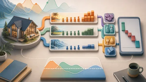 Short-term rental seasonality planning illustration with holiday home, seasonal calendar lanes, occupancy tokens, nightly rate blocks, fee channels, cost trays, and calculator board