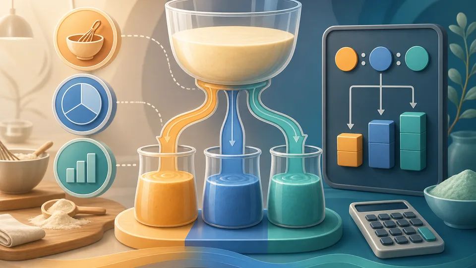 Three connected containers splitting one total into proportional recipe, mix, and share amounts beside a calculator