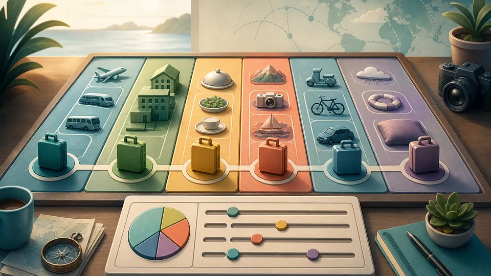 Travel budget illustration with luggage tokens, transport lanes, lodging blocks, food trays, activity tiles, local travel pieces, contingency cushions, and calculator board