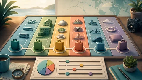 Travel budget illustration with luggage tokens, transport lanes, lodging blocks, food trays, activity tiles, local travel pieces, contingency cushions, and calculator board