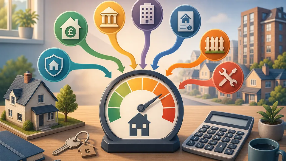 UK home cost planning desk with mortgage, council tax, insurance, service charge, maintenance, utilities, and calculator gauge