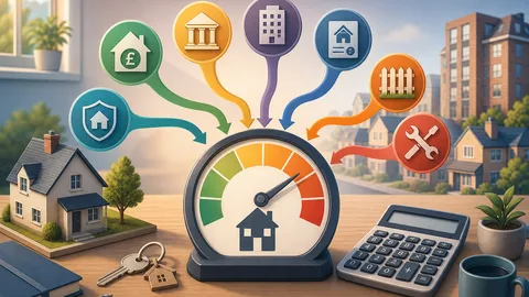 UK home cost planning desk with mortgage, council tax, insurance, service charge, maintenance, utilities, and calculator gauge