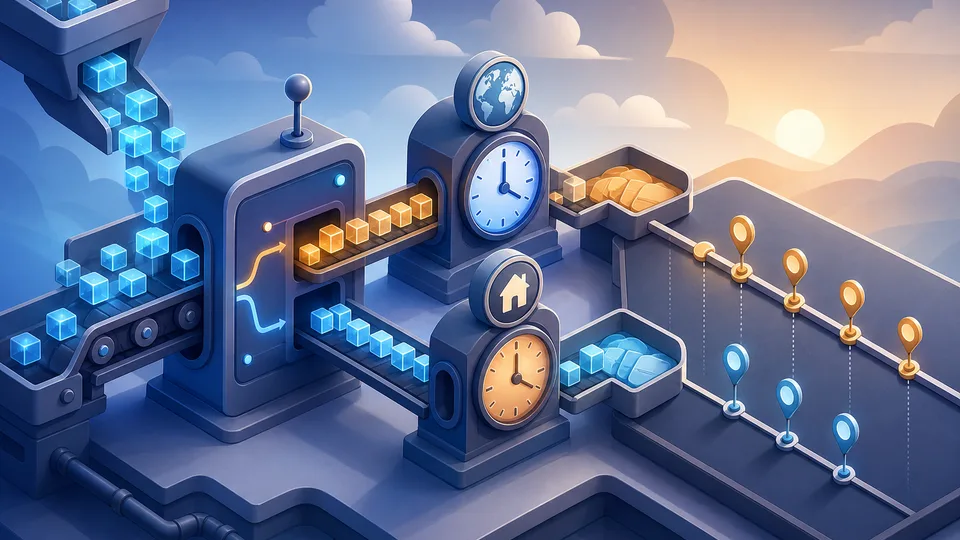 Unix timestamp conversion illustration with epoch blocks, seconds-milliseconds splitter, UTC and local clock stations, date trays, timeline markers, and calculator board