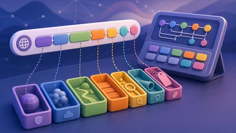 URL parser illustration with an abstract link capsule separating into protocol, host, path, query, fragment, port, tracking trays, and calculator board