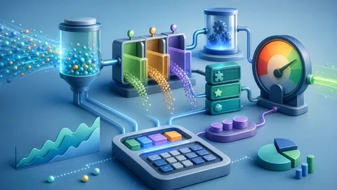 Usage-based billing planning illustration with usage streams, included allowance, overage gates, variable cost channel, add-on revenue, discount buffer, margin gauge, and calculator board