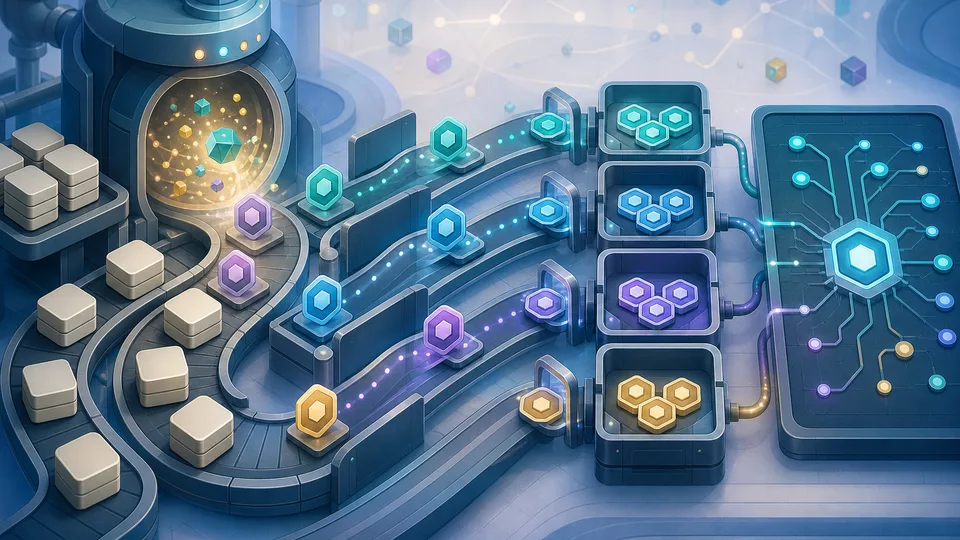 UUID generation illustration with record blocks receiving token badges, randomisation chamber, collision-spacing lanes, distributed trays, and calculator board
