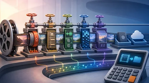 Video bitrate file-size planning illustration with timeline reel, bitrate valves, duration rails, audio channels, codec compression gates, storage trays, and calculator board