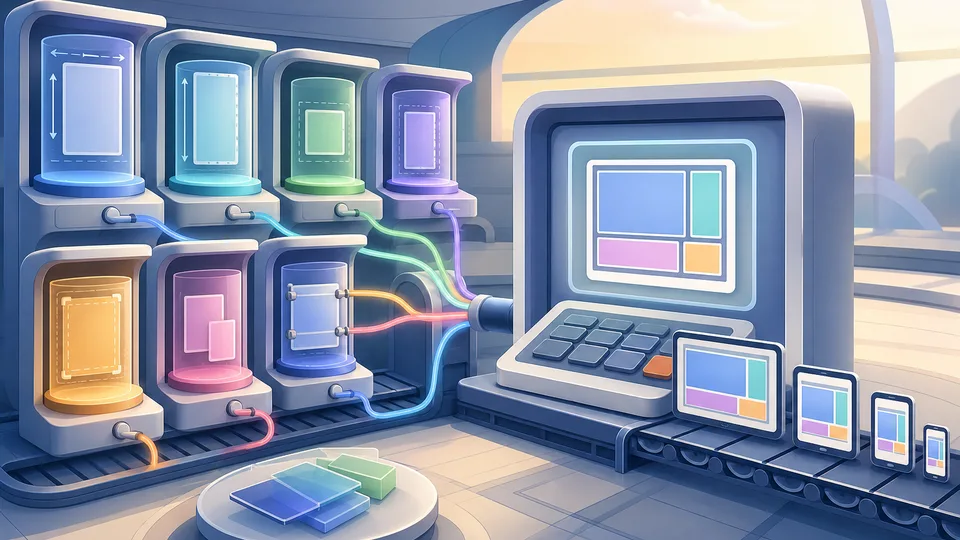 Viewport unit planning illustration with resizing screen frames, viewport rails, safe-area pieces, dynamic browser-bar constraints, content blocks, and calculator board