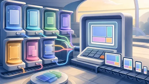 Viewport unit planning illustration with resizing screen frames, viewport rails, safe-area pieces, dynamic browser-bar constraints, content blocks, and calculator board