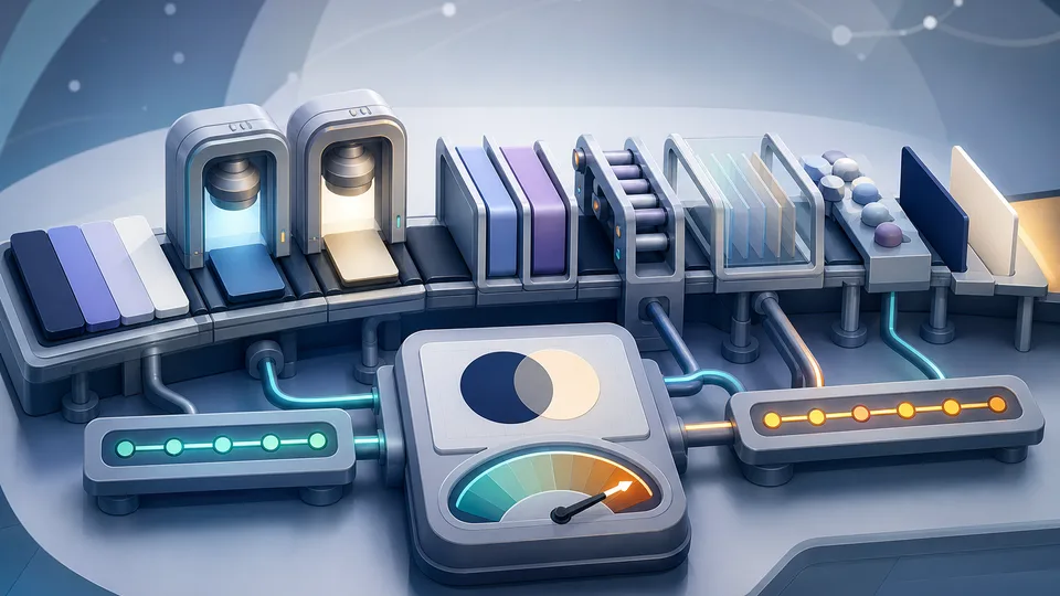 WCAG contrast planning illustration with foreground swatches, background panels, luminance meters, text-size gates, weight markers, UI-state trays, threshold rails, and calculator board