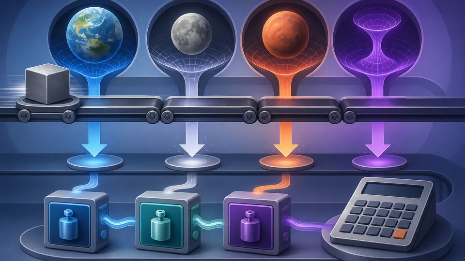 Gravity comparison bench with mass block, planet gravity wells, downward force arrows, unit blocks, and calculator board