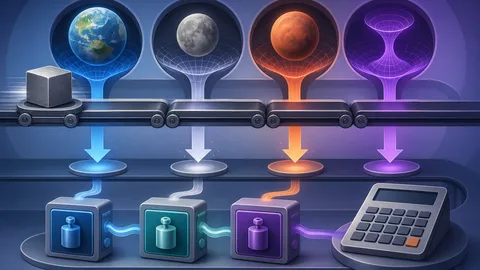 Gravity comparison bench with mass block, planet gravity wells, downward force arrows, unit blocks, and calculator board