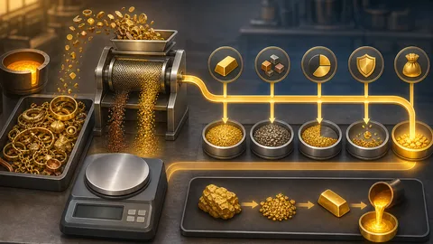 Gold valuation workbench with mixed jewellery, purity separator, scale, fee modules, pure gold tray, and calculator