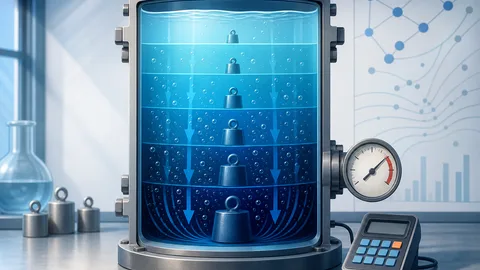 Hydrostatic pressure illustration showing water depth, downward pressure arrows, a pressure gauge, and calculator